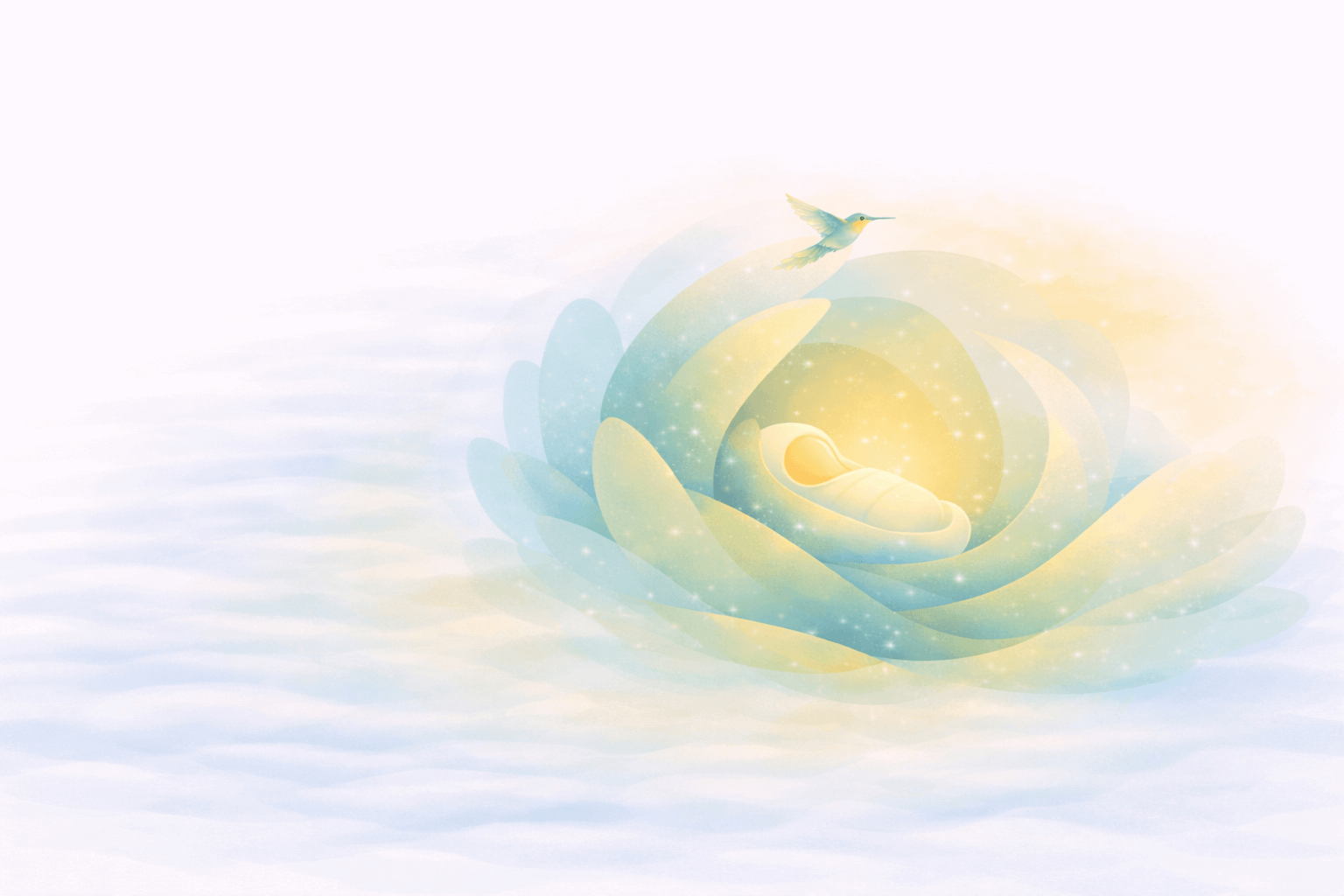 Illustration douce représentant un bébé endormi au cœur d’une fleur lumineuse, symbole du deuil périnatal et du lien d’amour.